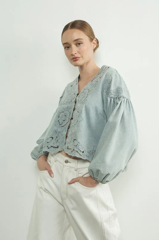 Waitlist 11/11 ♥ Julie Long Ballon Sleeve Button Down Embroidered Denim Top Light Wash