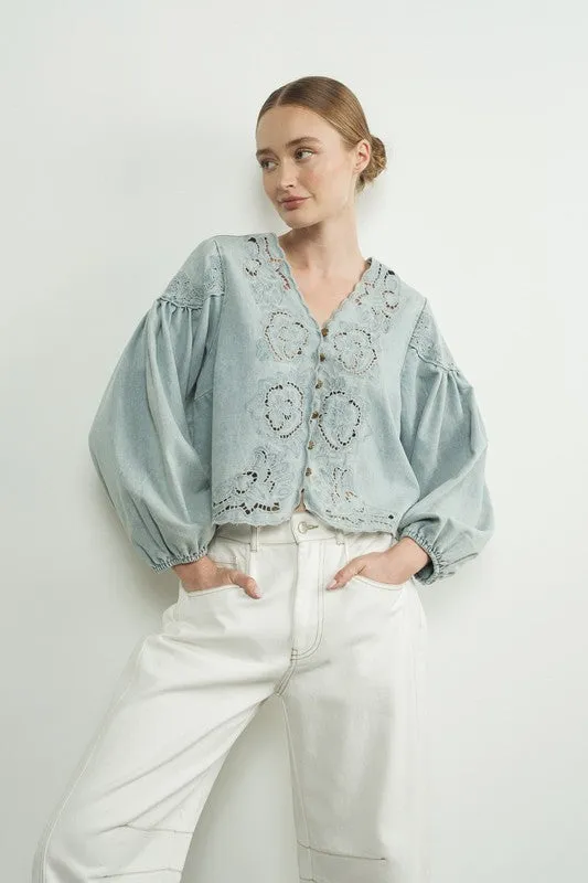 Waitlist 11/11 ♥ Julie Long Ballon Sleeve Button Down Embroidered Denim Top Light Wash