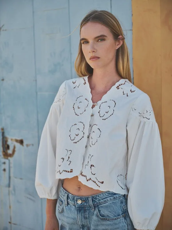 Waitlist 11/11 ♥ Julie Long Ballon Sleeve Button Down Embroidered Denim Top White
