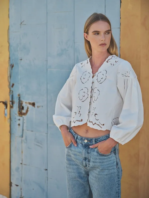 Waitlist 11/11 ♥ Julie Long Ballon Sleeve Button Down Embroidered Denim Top White