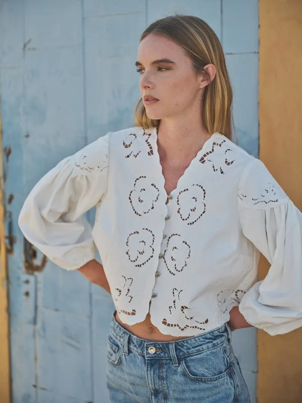 Waitlist 11/11 ♥ Julie Long Ballon Sleeve Button Down Embroidered Denim Top White