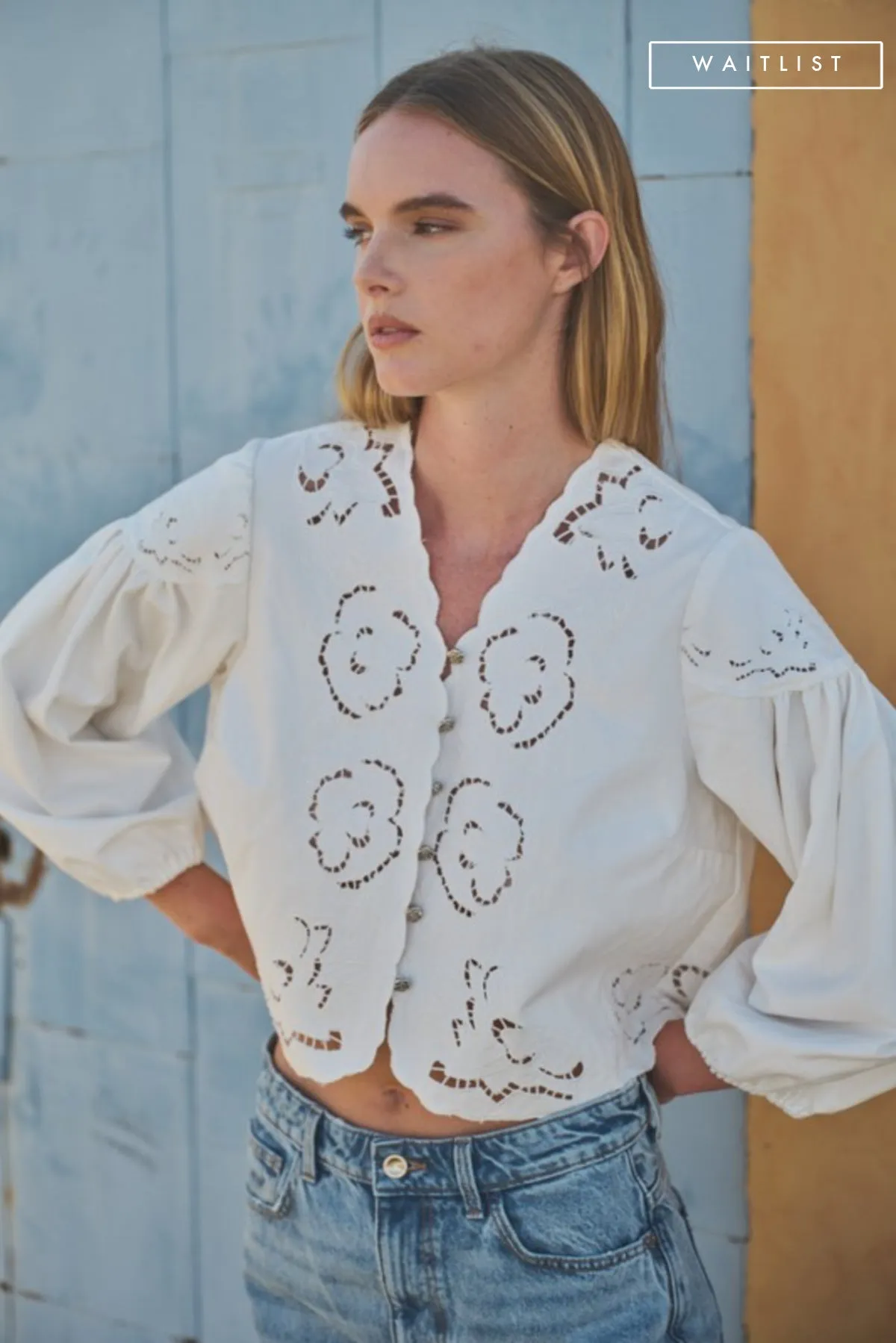 Waitlist 11/11 ♥ Julie Long Ballon Sleeve Button Down Embroidered Denim Top White