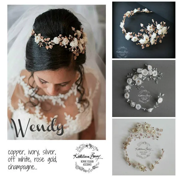 Wendy Silver off white flower wedding headband bridal floral wreath crown